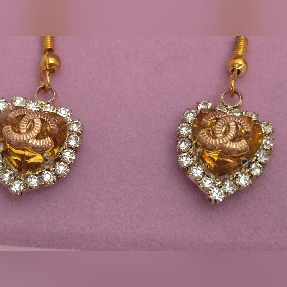 Chanel Stamped Gold and Rhinestone Heart Earrings - Picture 5 of 5